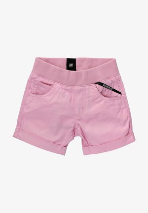 Rosa Baumwollshorts mit einem gerippten Bund, Vordertaschen und einem umgeschlagenen Saum. Mit einem schwarzen Akzentaufnäher an der Seite.