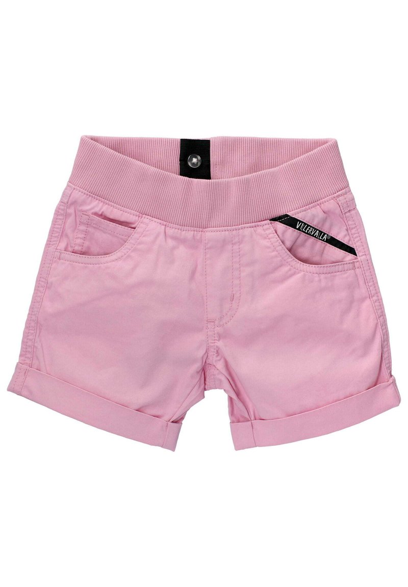 Pink cotton shorts with a ribbed waistband, front pockets, and a rolled hem. Features a black accent tag on the side.