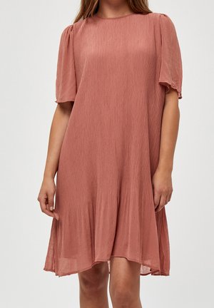 Dusty rose ribbed dress with short puff sleeves, a round neckline, and a flared hem; made from lightweight, textured fabric.