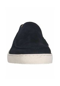 Black suede slip-on shoe with a textured upper, white rubber sole, and minimalistic design. No visible branding or embellishments.