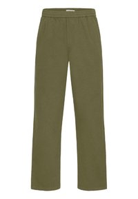 Olive green straight-leg pants with elastic waistband and side pockets, made from soft fabric.