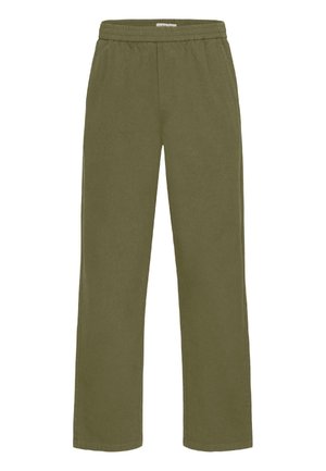 Pantaloni drepți de culoare verde măsliniu, cu talie elastică și buzunare laterale, fabricați dintr-un material moale.