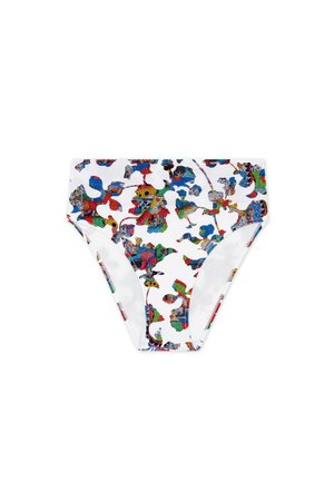 Floral print bikini bottoms made of stretchy fabric. Features colorful patterns on a white background. Mid-rise design with moderate coverage.