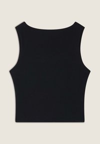 Canottiera nera a costine con scollatura dritta e spalline larghe. Il tessuto è liscio e si allunga per garantire comfort.