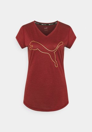 Rood sportshirt met korte mouwen en V-hals met een geel omlijnd puma-logo op de borst en afgeronde zoom.