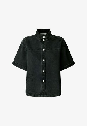 Zwart denim overhemd met korte mouwen, witte knopen, opgerolde manchetten en subtiele geborduurde bloemmotieven op de voorkant en schouder.