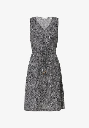 Czarna i biała bezrękawnikowa sukienka z dekoltem w kształcie V, zwężoną talią, geometrycznym wzorem i ozdobnymi koralikami przy sznurku.