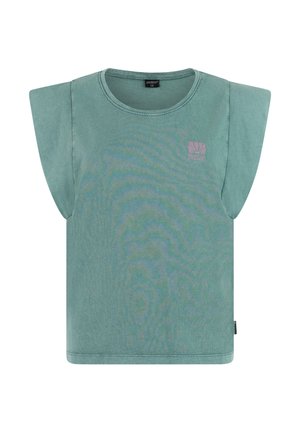 Mouwloze top in tealgroen met brede armsgaten en een klein roze logo op de linkerborst.