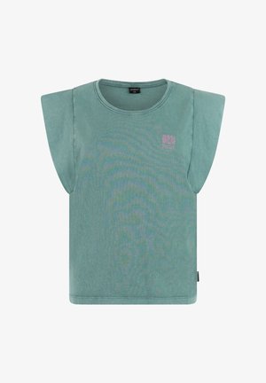 Mouwloze top in tealgroen met brede armsgaten en een klein roze logo op de linkerborst.