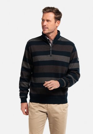 Pullover-Sweatshirt mit Reißverschlusskragen, in dunkelblau und braun gestreift, mit langen Ärmeln sowie gerippten Bündchen und Saum.