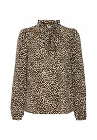 Blusa in stampa leopardata con maniche lunghe, scollo arricciato e tessuto morbido. Presenta una vestibilità comoda e polsini elasticizzati.