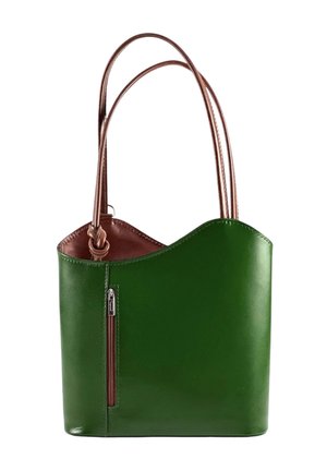 Green leather handbag with brown interior and double brown handles, featuring a vertical zipper pocket on front side.