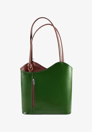 Green leather handbag with brown interior and double brown handles, featuring a vertical zipper pocket on front side.