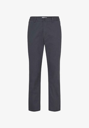 Tumedashhallid sirged püksid, millel on nuppude ja tõmblukuga sulgur, vööaugud ja esitaskud, valge taustaga.