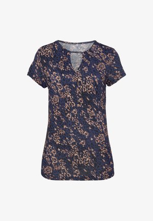 Navy blouse met korte mouwen, voorzien van een luipaardprint in tinten van beige, met een V-hals en een relaxte pasvorm. Gemaakt van lichte stof.