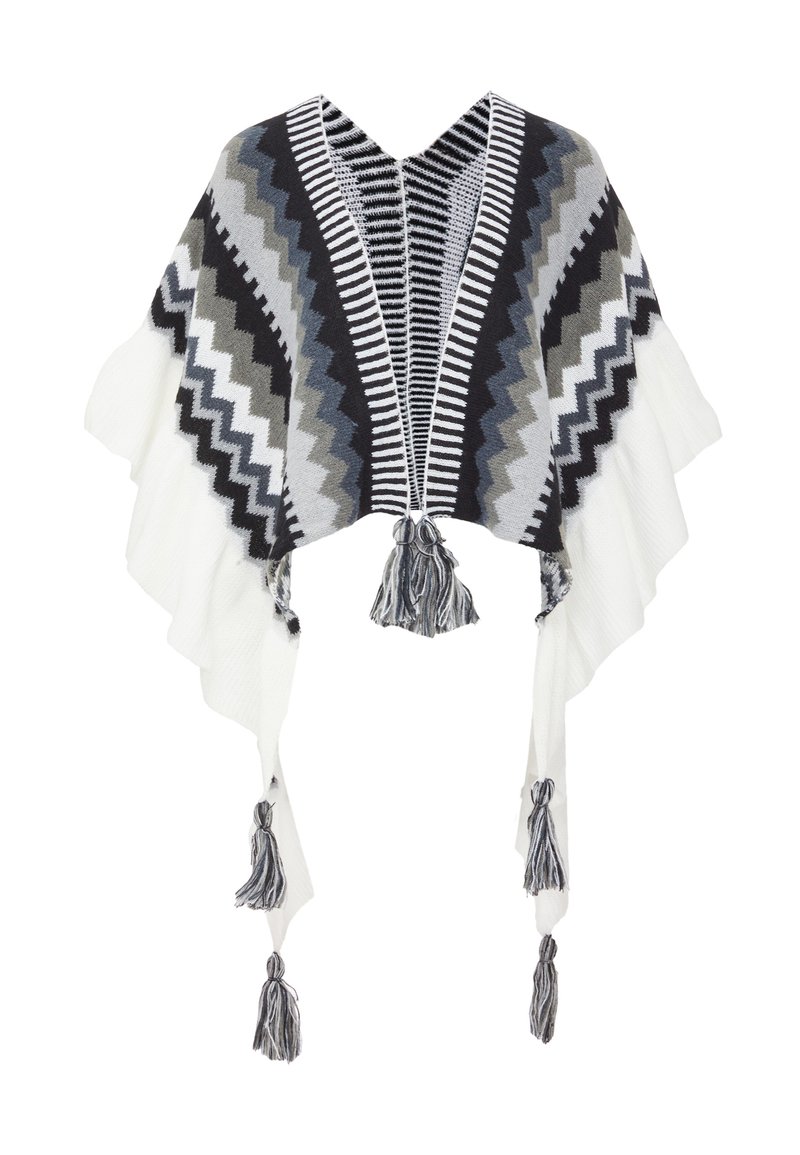 Poncho tricotat în negru, alb și gri. Prezintă modele în zigzag, un design cu decolteu în V și ciucuri la margine pentru un detaliu suplimentar.