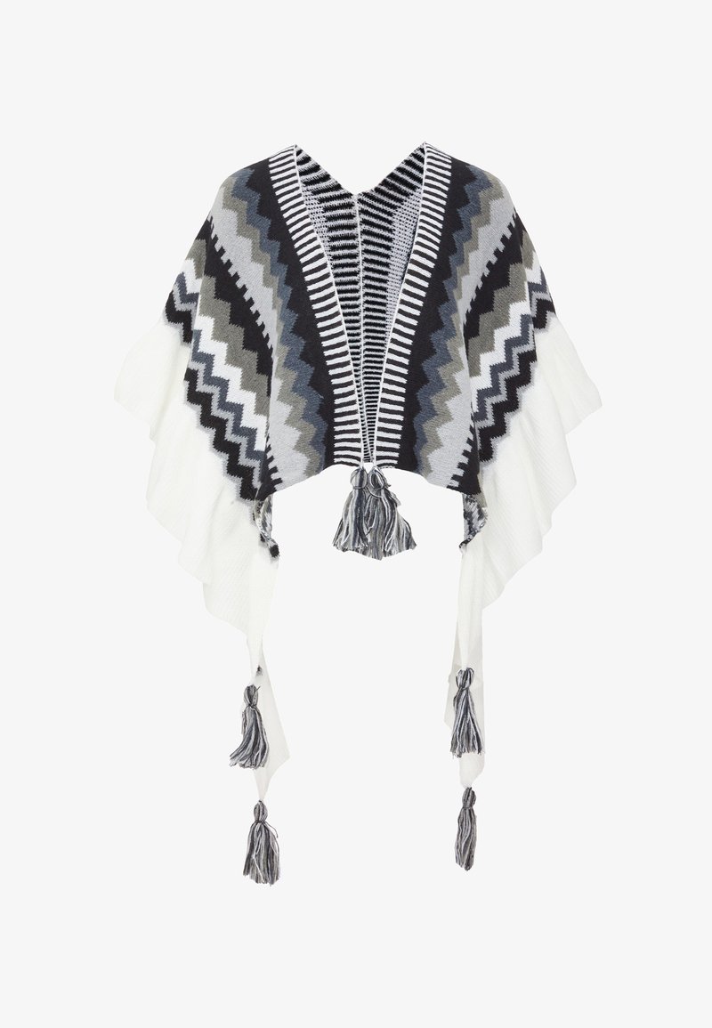 Strickponcho in Schwarz, Weiß und Grau. Mit Zickzackmustern, einem V-Ausschnitt-Design und Quasten am Saum für zusätzliche Details.