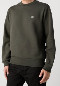 Dark green sweatshirt made of cotton blend, featuring a round neck and ribbed cuffs. Lacoste logo embroidered on chest.