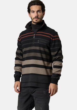 Pullover-Sweatshirt mit einem Viertelreißverschluss, ausgestattet mit horizontalen Streifen in Schwarz, Beige und Rost. Rippbündchen und Kragen, strukturiertem Stoff.