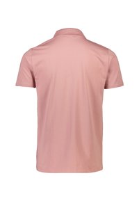 Rosa t-shirt med kort ärm och en enkel krage samt en slät yta. Inga synliga mönster eller detaljer. Bakifrån visas en ren design.