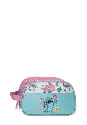 Pequeña bolsa con cremallera azul y rosa que presenta varios personajes juguetones de Stitch de Lilo & Stitch de Disney, con iconos de palmeras y espacio.