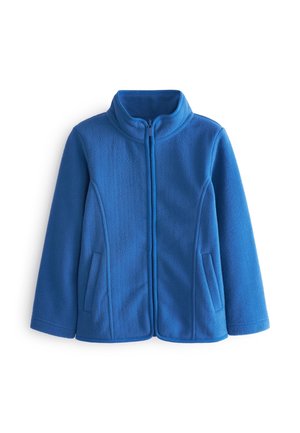 Veste en polaire bleue avec fermeture éclair intégrale à l'avant, col montant, manches longues et deux poches latérales, présentée sur fond blanc.