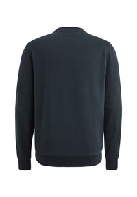 Tamno plavi dukserica s okruglim izrezom, dugim rukavima, rebrastim manžetama i rubom te glatkom pamučnom teksturom. Nema vidljivih grafika ili uzoraka.