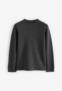 Cămașă cu mânecă lungă și guler rotund, de culoare gri închis, fabricată dintr-un material texturat. Mansetele și gulerul ribbat, oferind un design simplu și clasic.