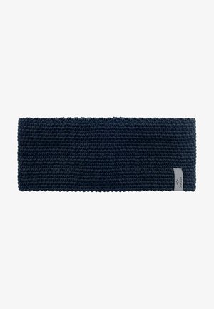 Knitted headband in dark blue, wide rectangular shape, textured surface with a subtle pattern, featuring a small fabric label on one side.