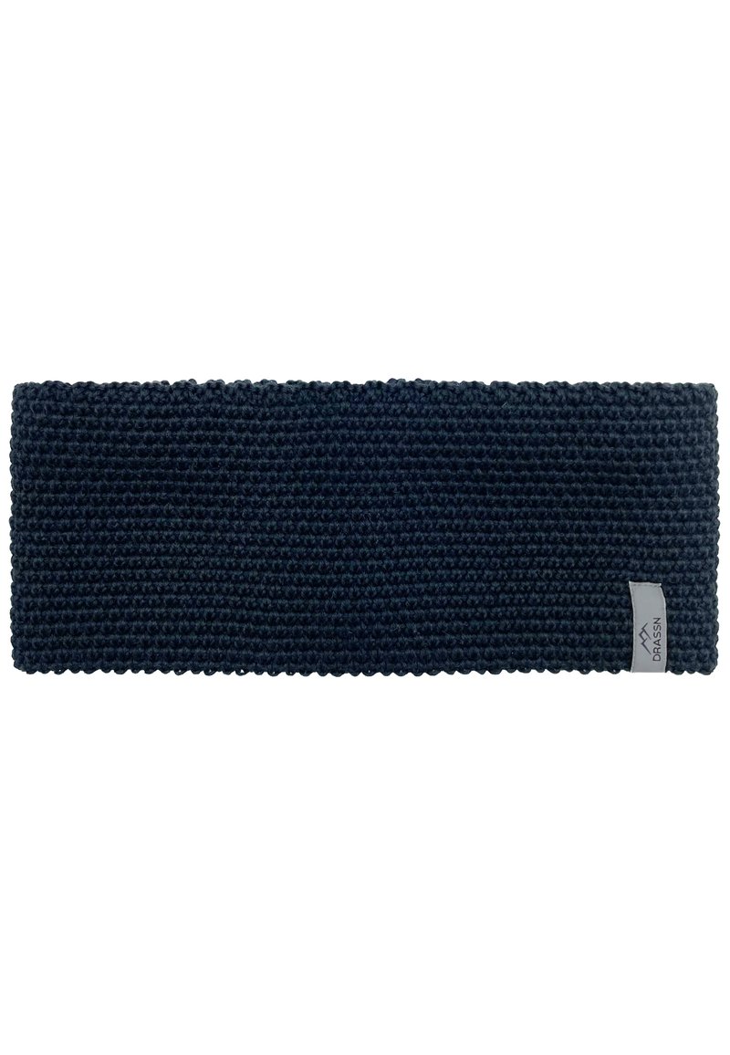 Knitted headband in dark blue, wide rectangular shape, textured surface with a subtle pattern, featuring a small fabric label on one side.
