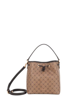 Brown patterned bucket bag with black leather accents, gold hardware, adjustable strap, and a cinch closure at the top.
