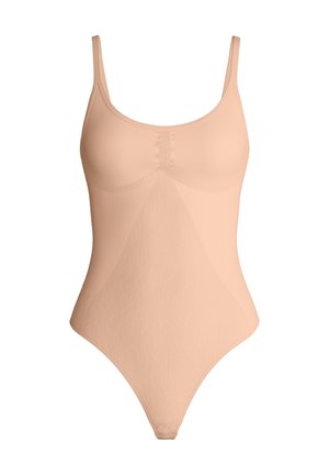 Seamless nude beige bodysuit with scoop neckline, adjustable straps, and snap closures at the crotch, designed for a smooth fit.