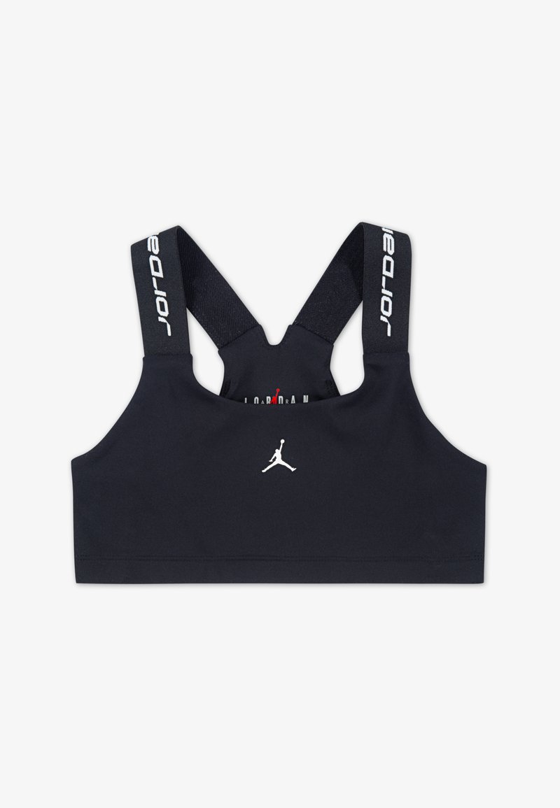 Top desportivo preto com alças largas, apresentando o logótipo "Jordan" em branco. Tecido suave, sem aros, projetado para uso ativo.