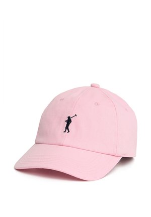 Gorra de béisbol rosa claro con una pequeña silueta negra bordada de un golfista sosteniendo un palo en el panel frontal.
