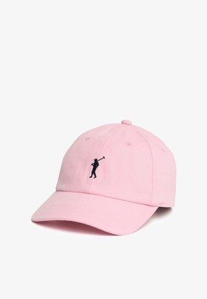 Cappellino da baseball rosa chiaro con una piccola silhouette nera ricamata di un golfista che tiene una mazza sul pannello frontale.