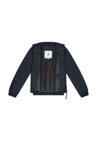 Granatowa kurtka bomber z prążkowanymi mankietami i kołnierzem, z satynową podszewką, dwoma kieszeniami oraz metką z logo wewnątrz.