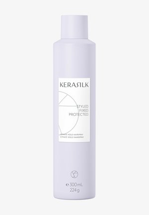 Lavendelkleurig cilindervormig busje Kérasilk Ultimate Hold Hairspray, 300 ml, met label met de tekst "Styled. Fixed. Protected."