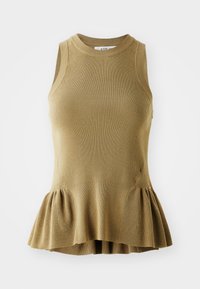 Soeva särk oliivirohelisest kootud kangast, millel on sooniktekstuur, keha lähedane lõige ja laienev peplum äär.