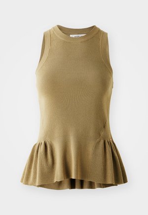 Débardeur sans manches en tissu tricoté vert olive, présentant une texture côtelée, un buste ajusté et un ourlet peplum évasé.