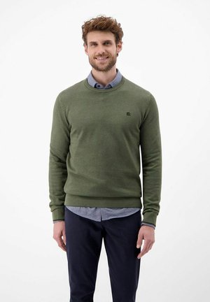 Lächelnder Mann mit kurzen lockigen Haaren, der einen olivgrünen Pullover über einem blauen Hemd mit Kragen und dunklen Hosen vor weißem Hintergrund trägt.