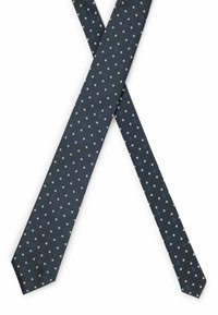 Marineblauer Krawatte mit strukturiertem Stoff und einem Muster aus kleinen weißen und blauen Blumen, verjüngten Enden und einer glatten Oberfläche.