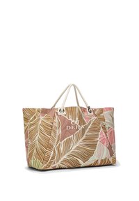Grote draagtas met beige touwen als handvatten, versierd met roze, bruine en groene tropische bladeren en een wit "DEHA" logo aan de voorkant.
