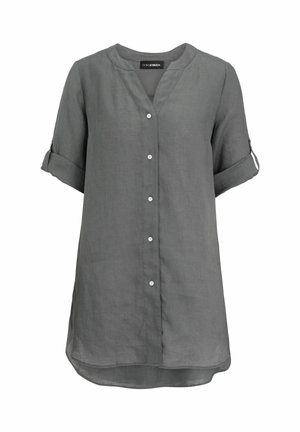 Graues langes Hemd mit Knopfleiste, hochgekrempelten Ärmeln und Stehkragen, lockere Passform, leichter Stoff, Markenetikett innen am Kragen.