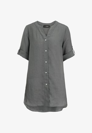 Graues langes Hemd mit Knopfleiste, hochgekrempelten Ärmeln und Stehkragen, lockere Passform, leichter Stoff, Markenetikett innen am Kragen.