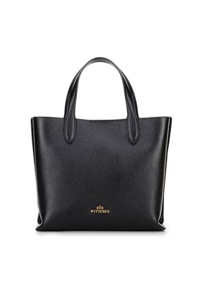 Borsa tote in pelle nera con finitura testurizzata, dotata di due manici e un accento con logo dorato nella parte inferiore.
