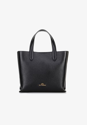 Black leather tote bag with a textured finish, featuring two handles and a gold logo accent at the bottom.