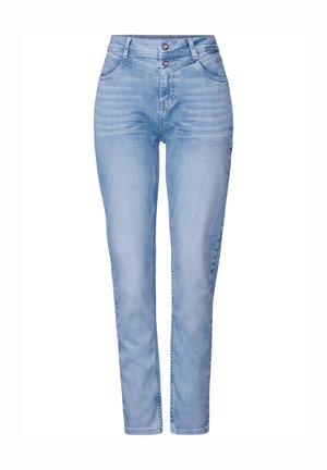 Jean en denim bleu clair à taille haute, avec deux poches avant et une fermeture à double bouton. Le tissu a une texture lisse avec un léger délavage.