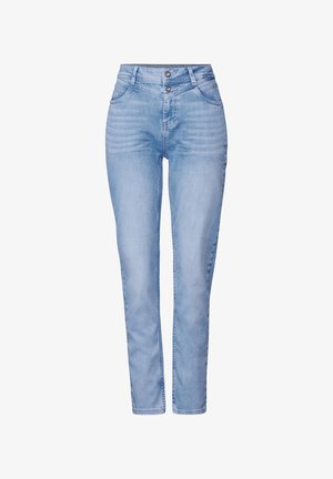 Jeans in denim azzurro chiaro con vita alta, due tasche frontali e chiusura a doppio bottone. Il tessuto ha una texture liscia con una leggera scoloritura.