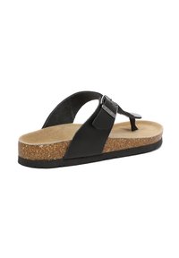 Black flip-flop sandal with a cork midsole, textured tan footbed, and a strap featuring a silver buckle accent. Flat, lightweight design.