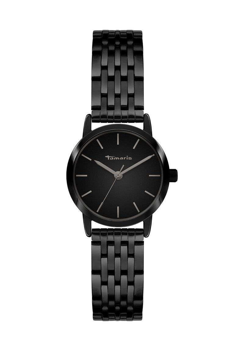 Montre en acier inoxydable noir avec un cadran rond et mat, et des marqueurs d'heure fins. Dispose d'un bracelet en maillons texturé et d'une marque discrète.